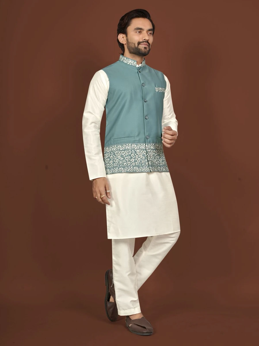 DESIGNER SILK EMBROIDERY WORK MEN'S KURTA PAYJAMA WITH KOTI WEDDING WEAR WHOLESALE PRICE ETHNIC GARMENT (12)