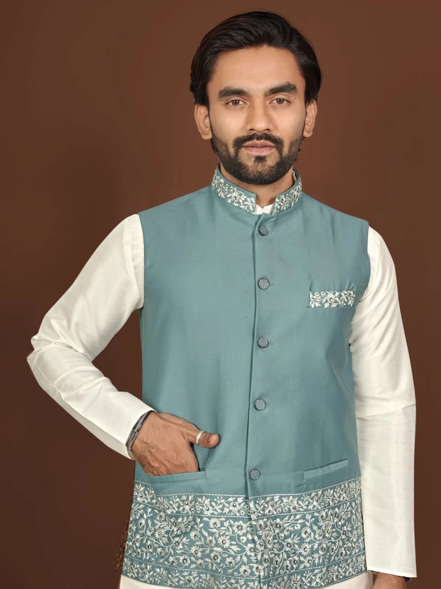 DESIGNER SILK EMBROIDERY WORK MEN'S KURTA PAYJAMA WITH KOTI WEDDING WEAR WHOLESALE PRICE ETHNIC GARMENT (13)