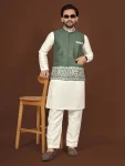 DESIGNER SILK EMBROIDERY WORK MEN'S KURTA PAYJAMA WITH KOTI GREEN