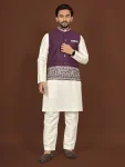 DESIGNER SILK EMBROIDERY WORK MEN'S KURTA PAYJAMA WITH KOTI PURPLE