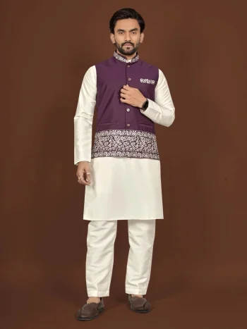 DESIGNER SILK EMBROIDERY WORK MEN'S KURTA PAYJAMA WITH KOTI PURPLE