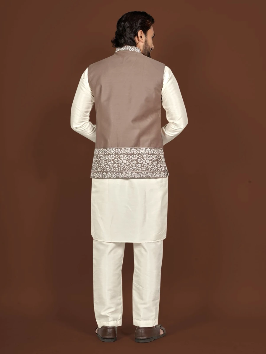 DESIGNER SILK EMBROIDERY WORK MEN'S KURTA PAYJAMA WITH KOTI WEDDING WEAR WHOLESALE PRICE ETHNIC GARMENT (6)