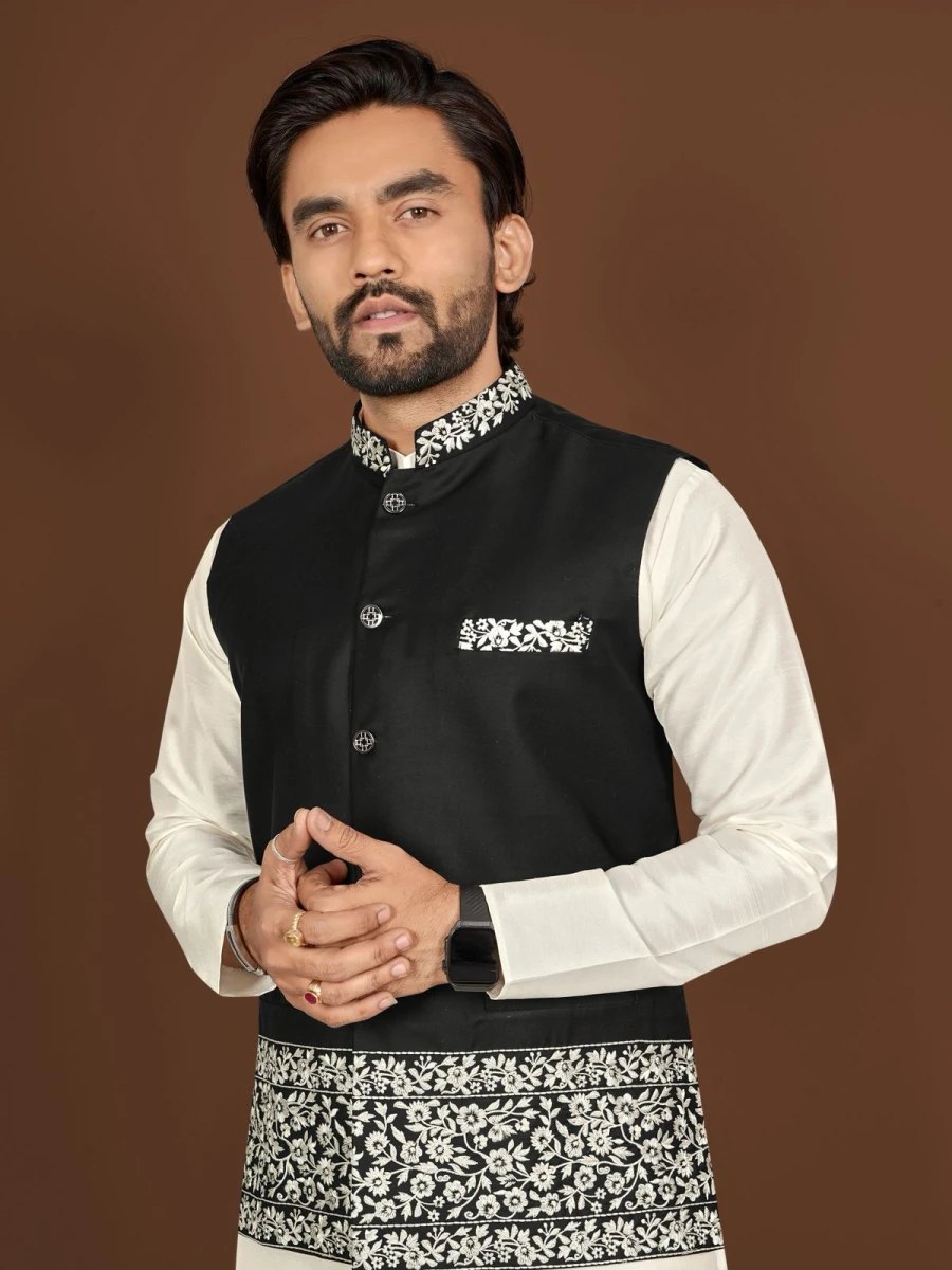 DESIGNER SILK EMBROIDERY WORK MEN'S KURTA PAYJAMA WITH KOTI WEDDING WEAR WHOLESALE PRICE ETHNIC GARMENT (8)