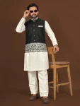 DESIGNER SILK EMBROIDERY WORK MEN'S KURTA PAYJAMA WITH KOTI BLACK
