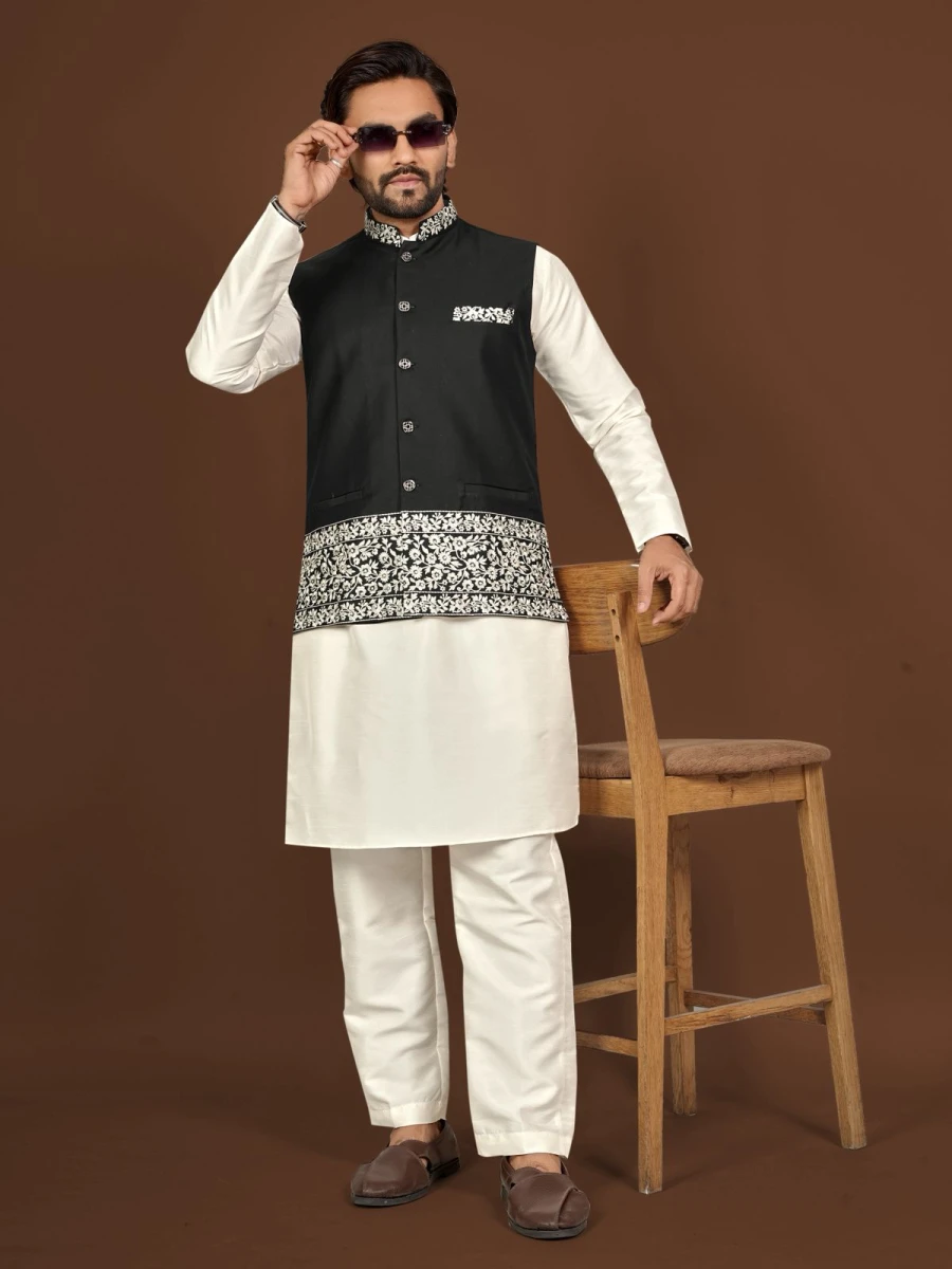DESIGNER SILK EMBROIDERY WORK MEN'S KURTA PAYJAMA WITH KOTI WEDDING WEAR WHOLESALE PRICE ETHNIC GARMENT (9)