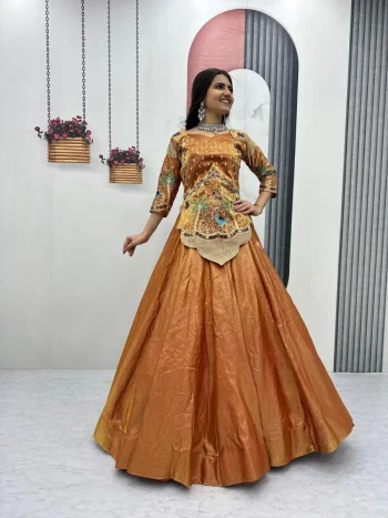 DESIGNER SILK SATIN EMBROIDERY THREAD & SEQUENCE WORK LEHENGA CHOLI ORANGE