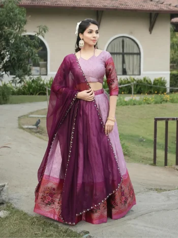 DESIGNER SILK ZARI WEAVING WITH CONTRAST BORDER KALAMKARI WEAVING BORDER WORK LEHENGA CHOLI WITH DUPATTA LAVENDER
