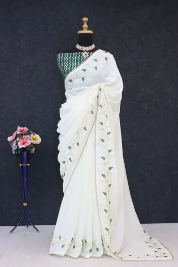 DESIGNER SOFT SILK THREAD WORK & READY MADE LACE BORDER WORK SAREE WITH UNSTITCHED BLOUSE GREEN