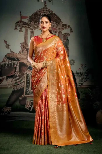 DESIGNER SOFT SILK ZHALLAR WORK SAREE WITH UNSTITCHED BLOUSE ORANGE