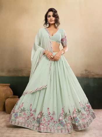 DESIGNER STAR GEORGETTE EMBROIDERY WORK LEHENGA CHOLI WITH DUPATTA SEA GREEN