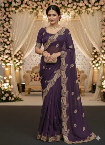 DESIGNER STAR GEORGETTE EMBROIDERY WORK SAREE WITH UNSTITCHED BLOUSE PURPLE