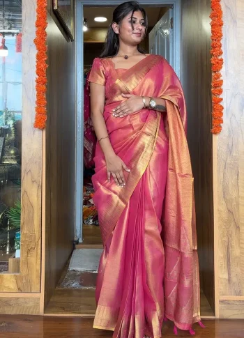 DESIGNER TISSUE SILK JACQUARD WORK GOWN SAREE PINK