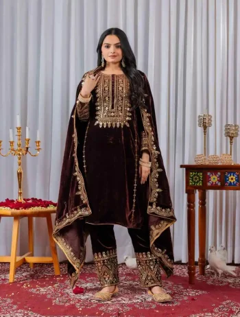 DESIGNER VELVET EMBROIDERY SEQUENCE WORK TOP BOTTOM WITH DUPATTA BROWN
