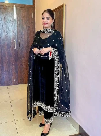 DESIGNER VELVET EMBROIDERY SEQUENCE WORK WITH FANCY LACE BORDER WORK TOP BOTTOM WITH DUPATTA BLACK