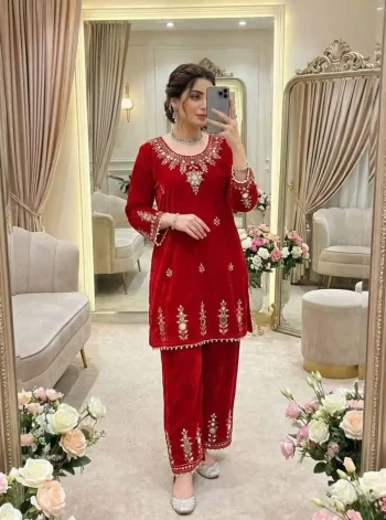 DESIGNER VELVET EMBROIDERY WITH REAL MIRROR WORK CO-ORD SET RED