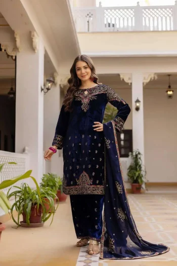 DESIGNER VELVET EMBROIDERY WORK TOP BOTTOM WITH DUPATTA BLUE