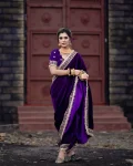 DESIGNER VELVET JARI DORI THREAD EMBROIDERY WORK WITH FANCY FARK BORDER WORK SAREE WITH UNSTITCHED BLOUSE PURPLE