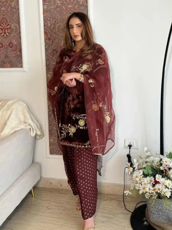 DESIGNER VELVET SEQUENCE EMBROIDERY WORK TOP PATIYALA WITH DUPATTA BROWN