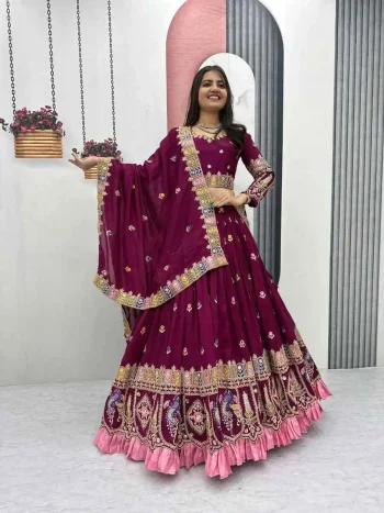 DESIGNER VICHITRA EMBROIDERY CODING SEQUENCE & THREAD WORK LEHENGA CHOLI WITH DUPATTA WINE
