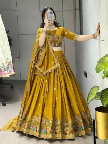 DESIGNER VICHITRA MULTI EMBROIDERY THREAD WORK AND BUTTI WORK LEHENGA CHOLI WITH DUPATTA MUSTARD
