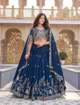 DESIGNER VICHITRA SILK EMBROIDERY CODING SEQUENCE WITH THREAD AND READY MADE LACE WORK LEHENGA CHOLI WITH DUPATTA BLUE