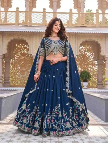DESIGNER VICHITRA SILK EMBROIDERY CODING SEQUENCE WITH THREAD AND READY MADE LACE WORK LEHENGA CHOLI WITH DUPATTA BLUE