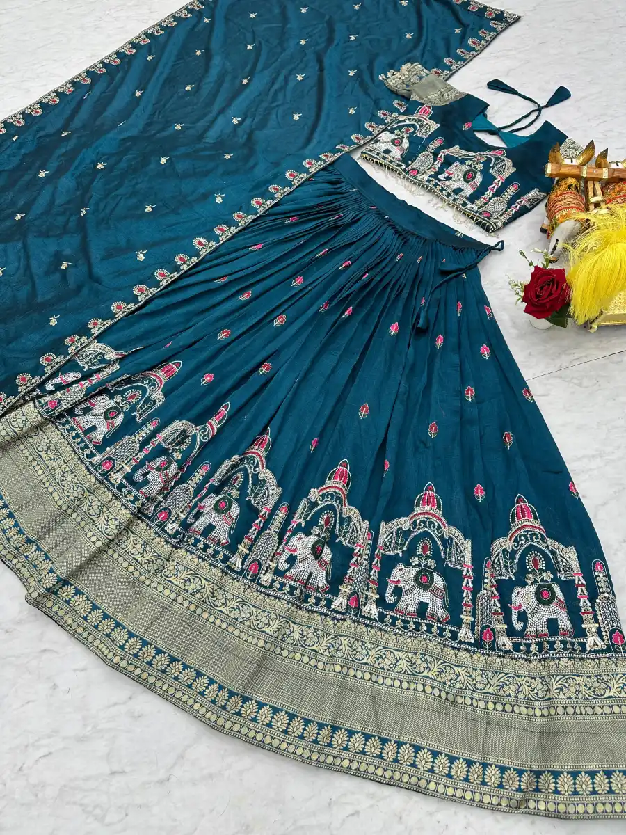 DESIGNER VICHITRA SILK EMBROIDERY SEQUENCE WITH THREAD & READYMADE LACE WORK LEHENGA CHOLI WITH DUPATTA WEDDING WEAR WHOLESALE PRICE ETHNIC GARMENT (10)