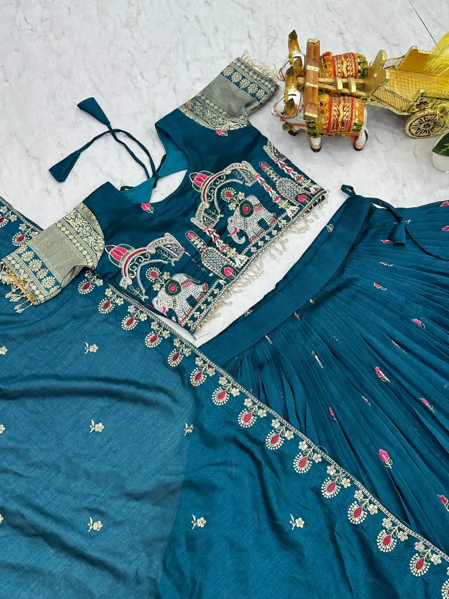 DESIGNER VICHITRA SILK EMBROIDERY SEQUENCE WITH THREAD & READYMADE LACE WORK LEHENGA CHOLI WITH DUPATTA WEDDING WEAR WHOLESALE PRICE ETHNIC GARMENT (11)
