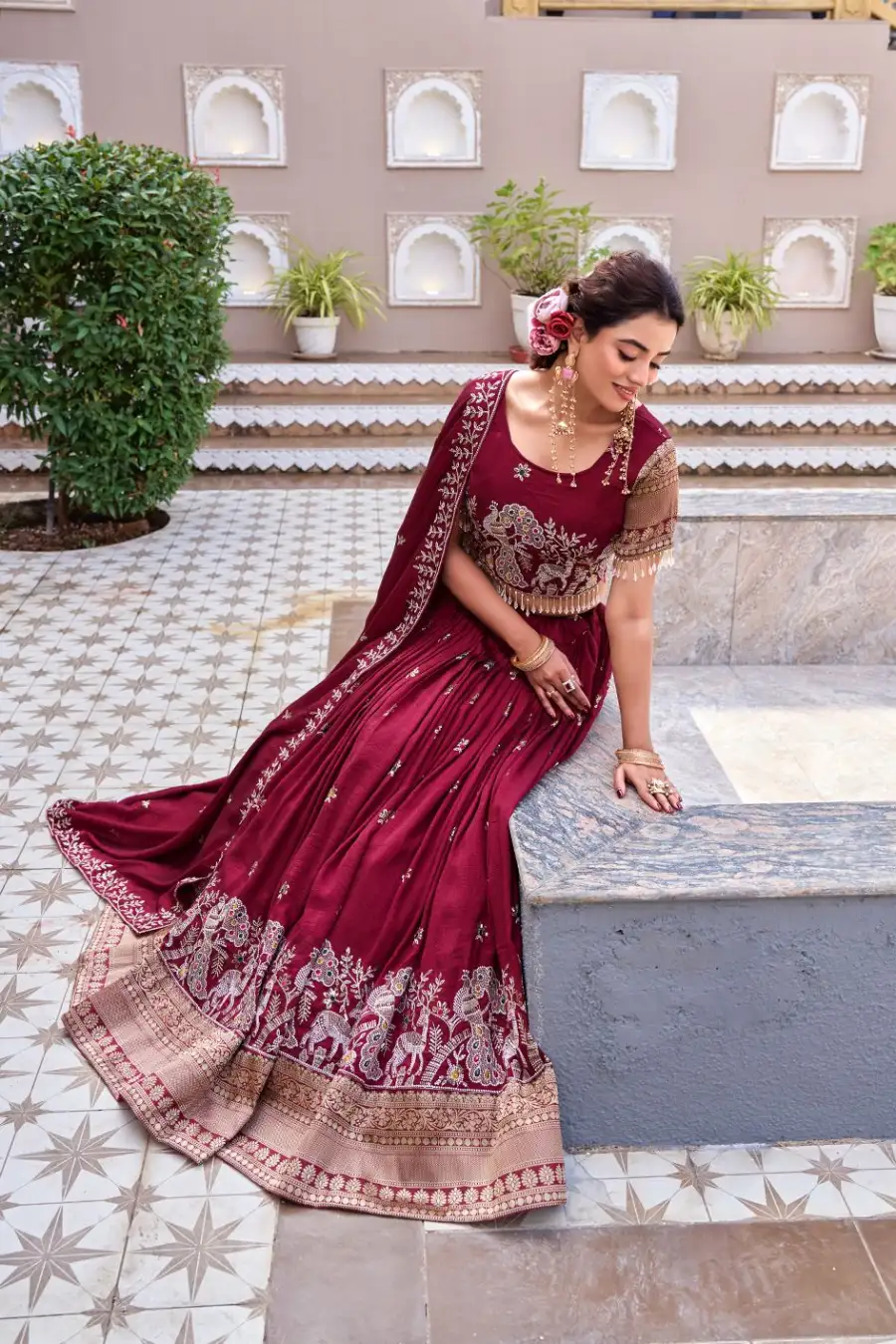 DESIGNER VICHITRA SILK EMBROIDERY SEQUENCE WITH THREAD & READYMADE LACE WORK LEHENGA CHOLI WITH DUPATTA WEDDING WEAR WHOLESALE PRICE ETHNIC GARMENT (4)