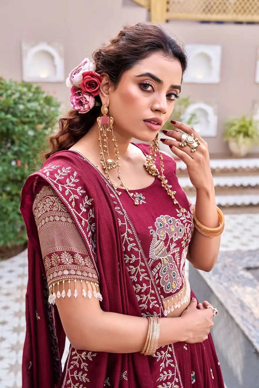 DESIGNER VICHITRA SILK EMBROIDERY SEQUENCE WITH THREAD & READYMADE LACE WORK LEHENGA CHOLI WITH DUPATTA WEDDING WEAR WHOLESALE PRICE ETHNIC GARMENT (5)