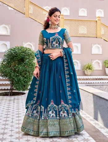 DESIGNER VICHITRA SILK EMBROIDERY SEQUENCE WITH THREAD & READYMADE LACE WORK LEHENGA CHOLI WITH DUPATTA TEAL