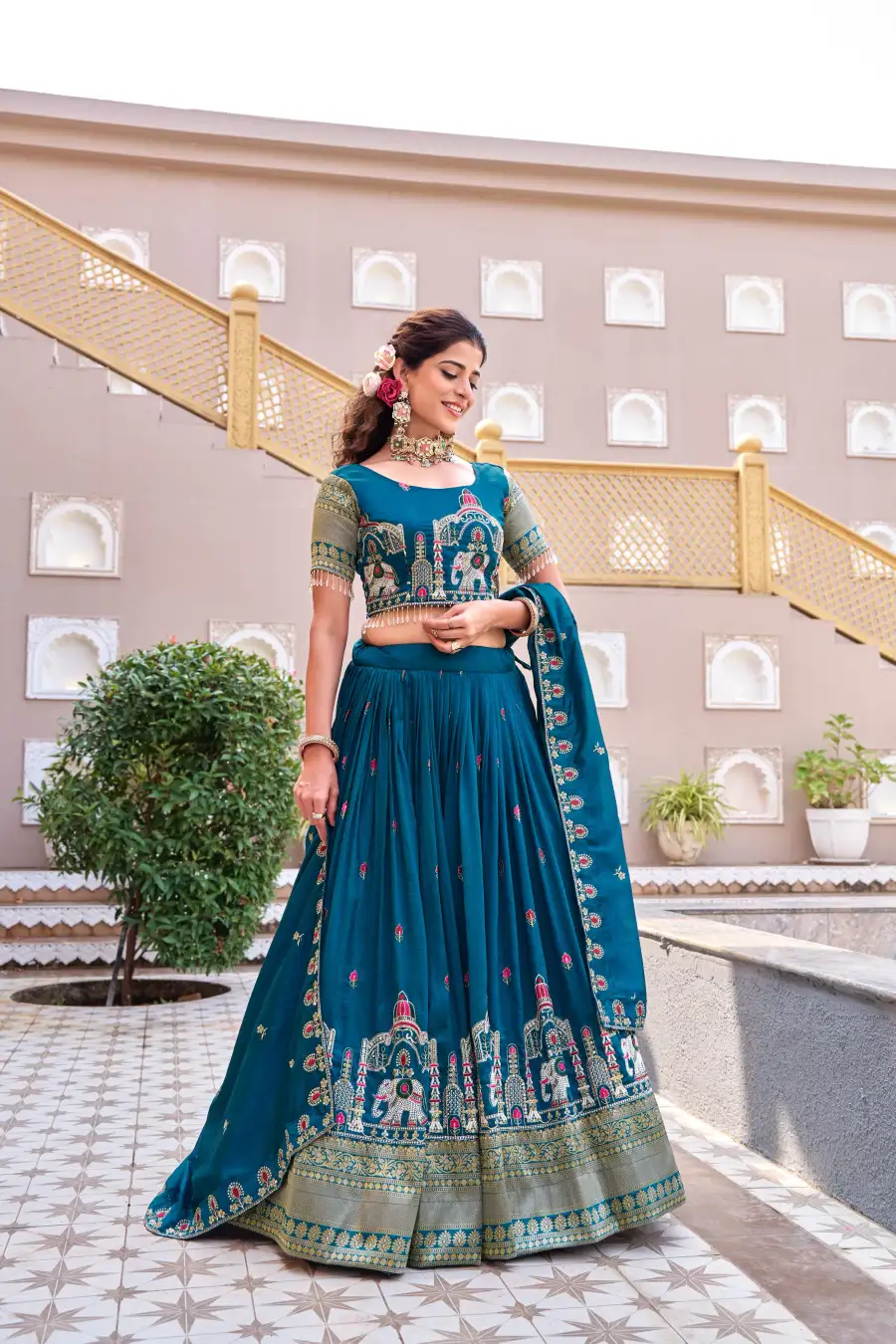 DESIGNER VICHITRA SILK EMBROIDERY SEQUENCE WITH THREAD & READYMADE LACE WORK LEHENGA CHOLI WITH DUPATTA WEDDING WEAR WHOLESALE PRICE ETHNIC GARMENT (7)