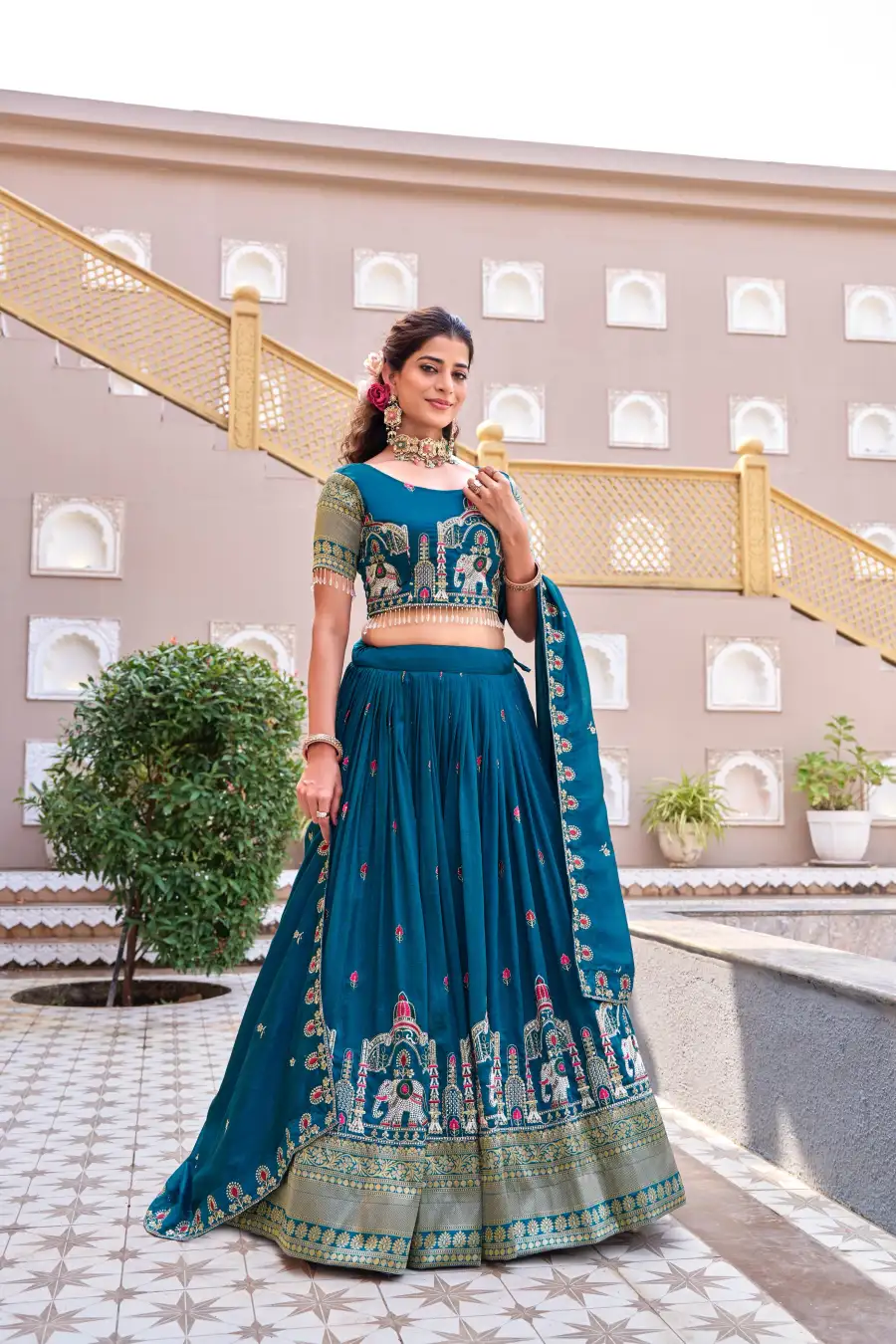 DESIGNER VICHITRA SILK EMBROIDERY SEQUENCE WITH THREAD & READYMADE LACE WORK LEHENGA CHOLI WITH DUPATTA WEDDING WEAR WHOLESALE PRICE ETHNIC GARMENT (8)