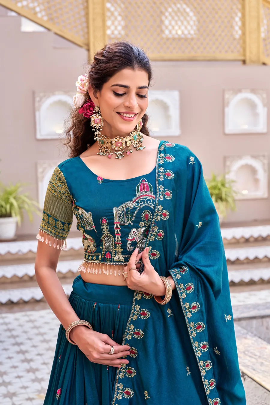 DESIGNER VICHITRA SILK EMBROIDERY SEQUENCE WITH THREAD & READYMADE LACE WORK LEHENGA CHOLI WITH DUPATTA WEDDING WEAR WHOLESALE PRICE ETHNIC GARMENT (9)
