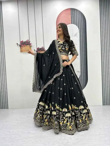 DESIGNER VICHITRA SILK EMBROIDERY THREAD & SEQUENCE WORK LEHENGA CHOLI WITH DUPATTA BLACK