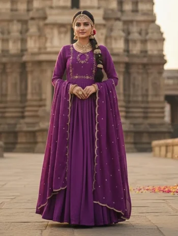DESIGNER VICHITRA SILK MAGGAM HAND WORK GOWN WITH DUPATTA WINE