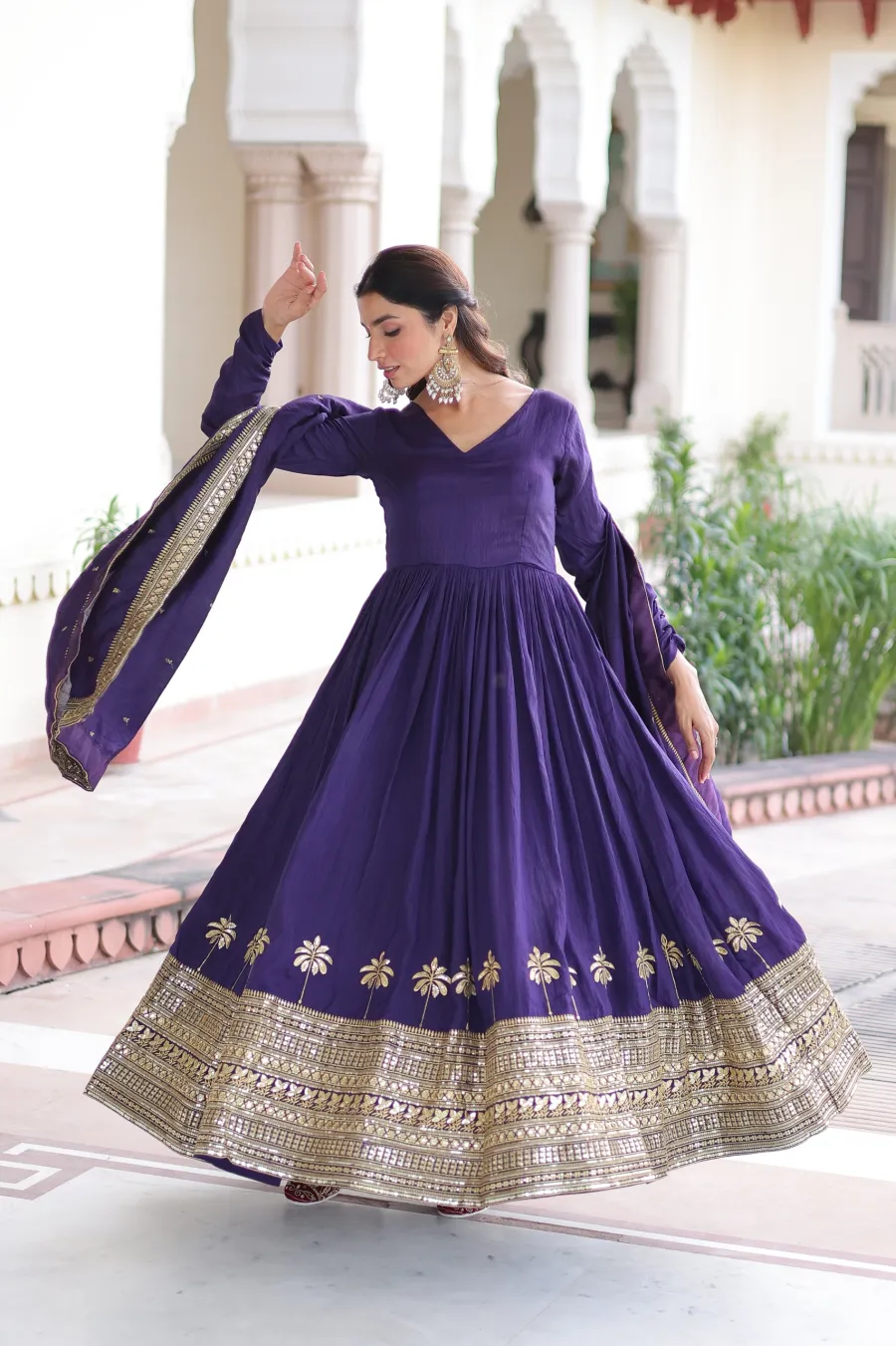 DESIGNER VICHITRA SILK SEQUENCE EMBROIDERY WORK GOWN WITH DUPATTA WEDDING WEAR WHOLESALE PRICE ETHNIC GARMENT (5)