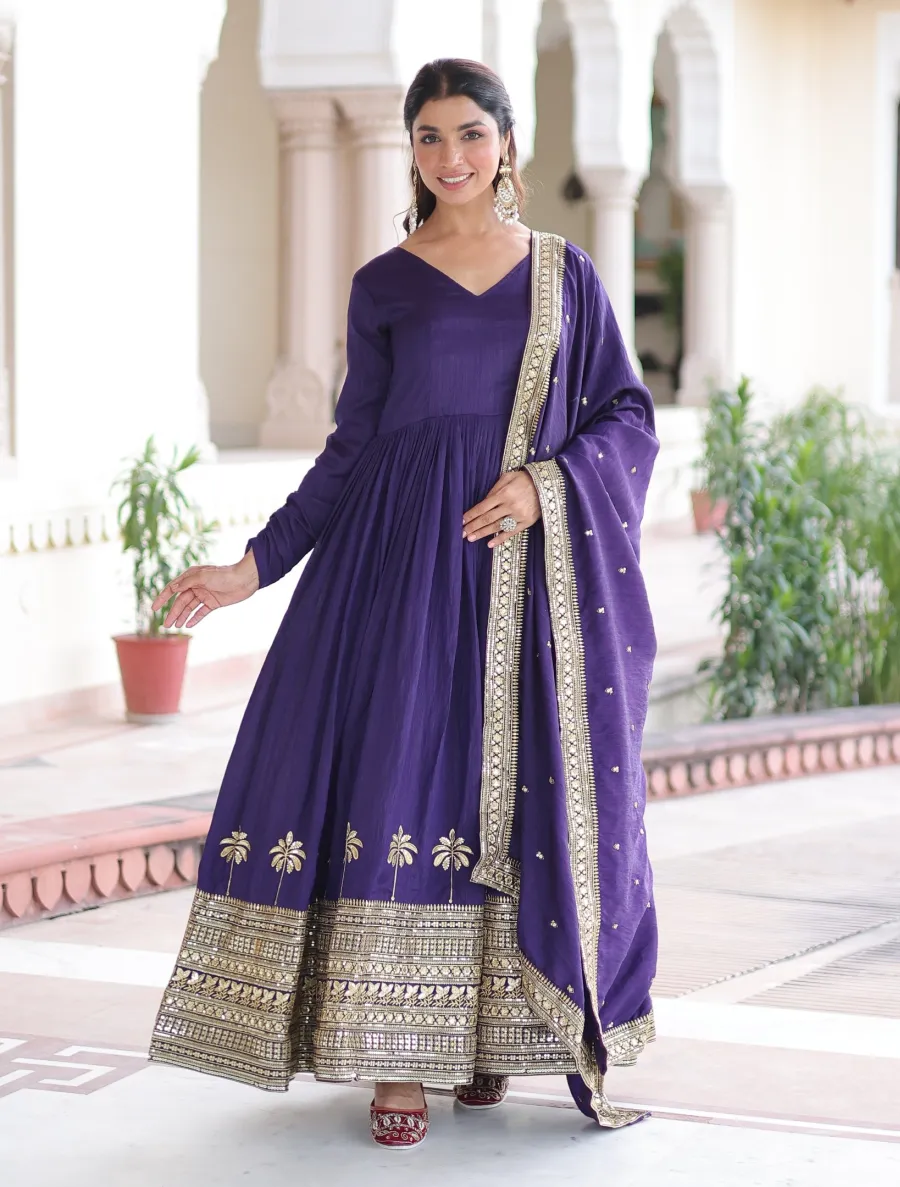 DESIGNER VICHITRA SILK SEQUENCE EMBROIDERY WORK GOWN WITH DUPATTA WEDDING WEAR WHOLESALE PRICE ETHNIC GARMENT (7)