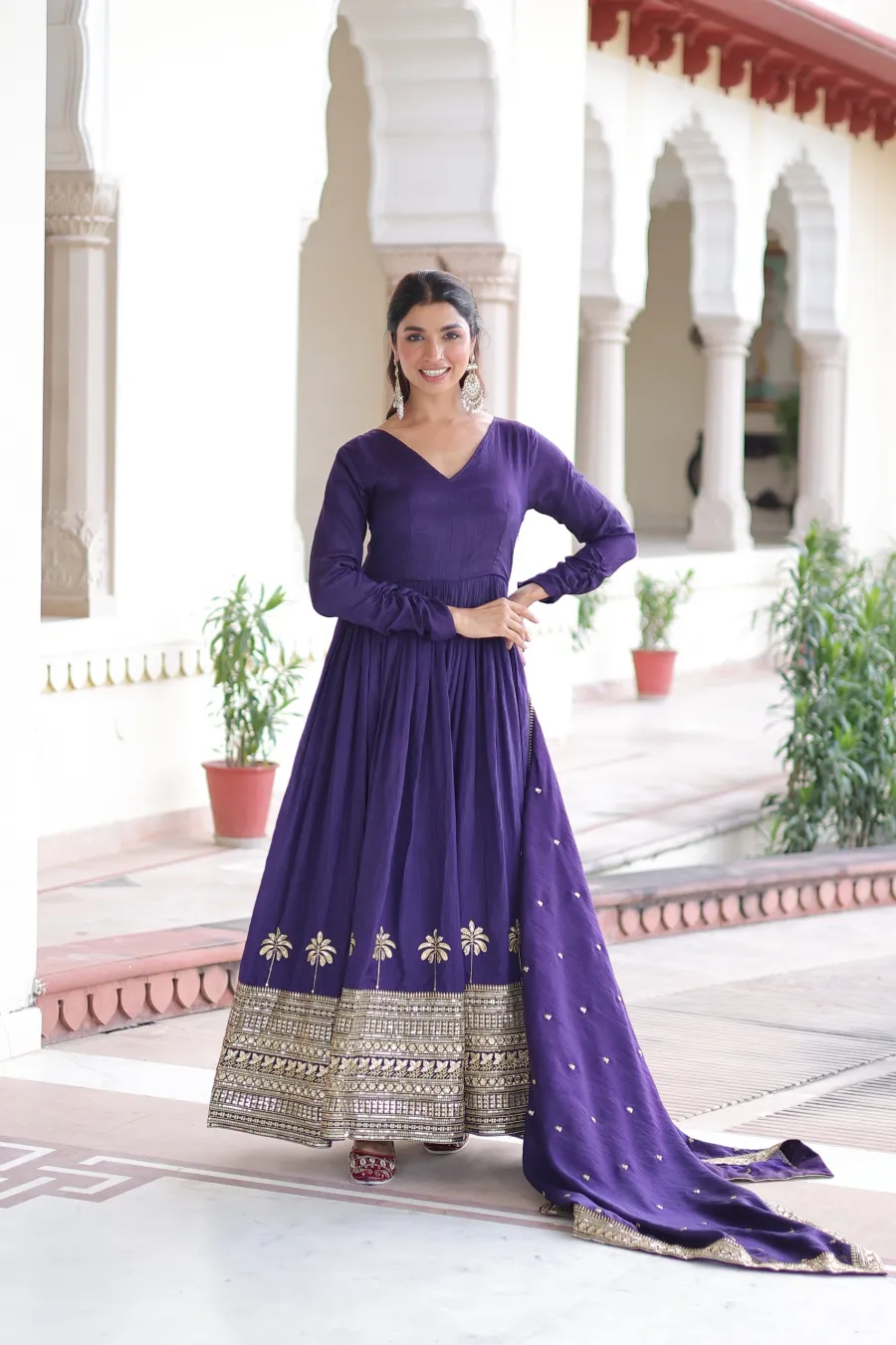 DESIGNER VICHITRA SILK SEQUENCE EMBROIDERY WORK GOWN WITH DUPATTA WEDDING WEAR WHOLESALE PRICE ETHNIC GARMENT (9)