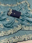 DESIGNER VICHITRA SILK SEQUENCE THREAD EMBROIEDRY WORK SAREE WITH UNSTITCHED BLOUSE WEDDING WEAR WHOLESALE PRICE ETHNIC GARMENT (3)
