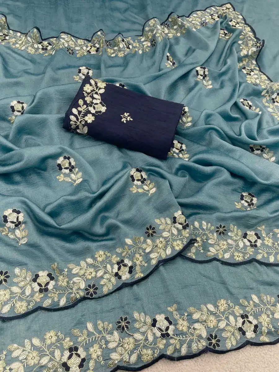 DESIGNER VICHITRA SILK SEQUENCE THREAD EMBROIEDRY WORK SAREE WITH UNSTITCHED BLOUSE WEDDING WEAR WHOLESALE PRICE ETHNIC GARMENT (13)