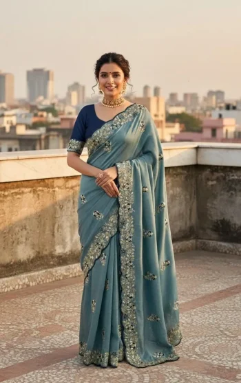 DESIGNER VICHITRA SILK SEQUENCE  THREAD  EMBROIEDRY WORK SAREE WITH UNSTITCHED BLOUSE SKY