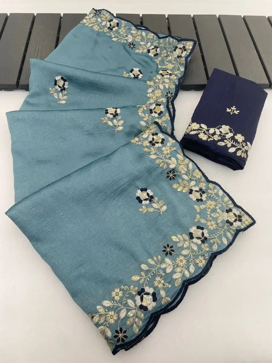 DESIGNER VICHITRA SILK SEQUENCE THREAD EMBROIEDRY WORK SAREE WITH UNSTITCHED BLOUSE WEDDING WEAR WHOLESALE PRICE ETHNIC GARMENT (7)