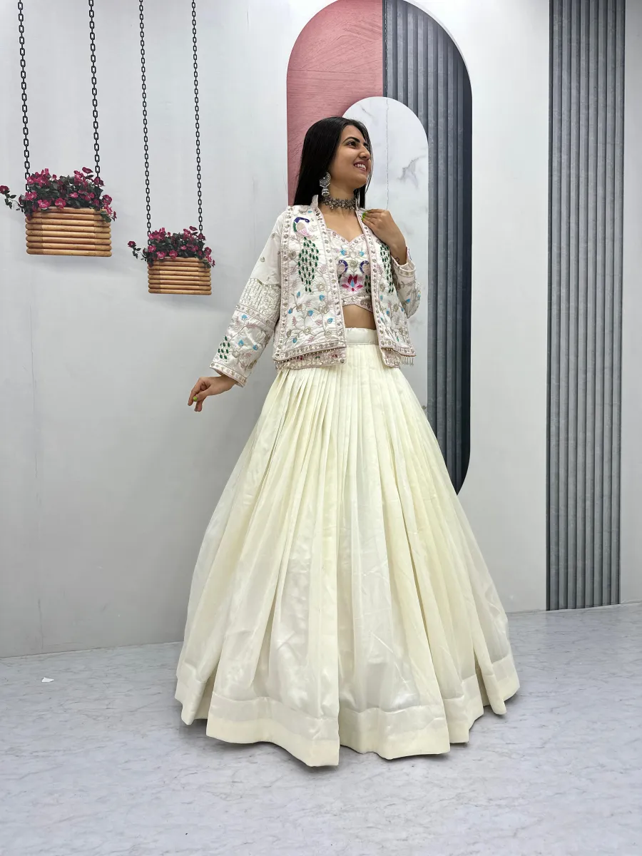 DESIGNER VICHITRA SILK THREAD AND SEQUENCE WORK LEHENGA CHOLI WITH KOTI WEDDING WEAR WHOLESALE PRICE ETHNIC GARMENT (7)