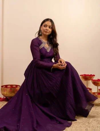 DESIGNER VICHITRA SILK THREAD WORK GOWN BOTTOM WITH DUPATTA PURPLE