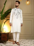 DESIGNER VISCOSE SILK EMBROIDERY SEQUENCE WORK MEN'S KURTA PAYJAMA OFF WHITE