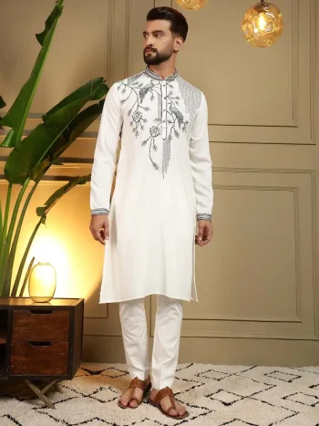 DESIGNER VISCOSE SILK EMBROIDERY SEQUENCE WORK MEN'S KURTA PAYJAMA OFF WHITE