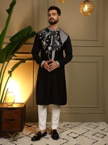 DESIGNER VISCOSE SILK EMBROIDERY SEQUENCE WORK MEN'S KURTA PAYJAMA BLACK