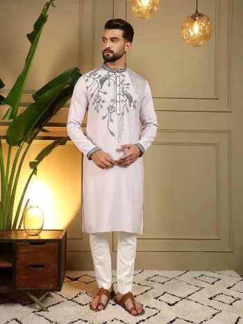 DESIGNER VISCOSE SILK EMBROIDERY SEQUENCE WORK MEN'S KURTA PAYJAMA BABY PINK