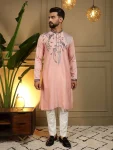 DESIGNER VISCOSE SILK EMBROIDERY SEQUENCE WORK MEN'S KURTA PAYJAMA PEACH